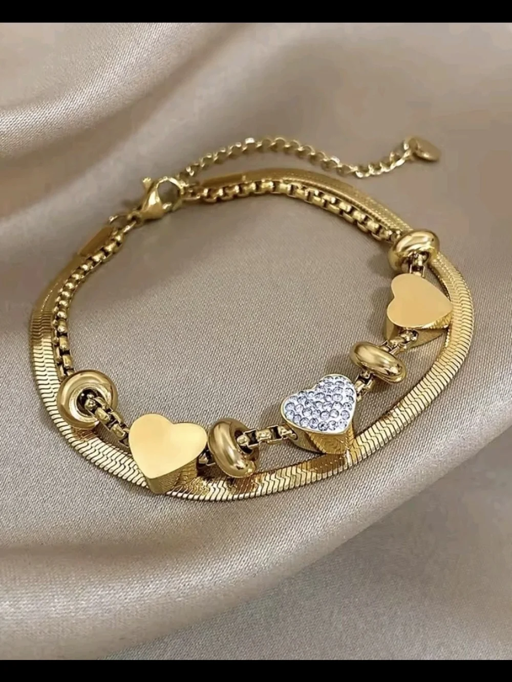 Gold Heart Bead Bracelet with Pavé Accent